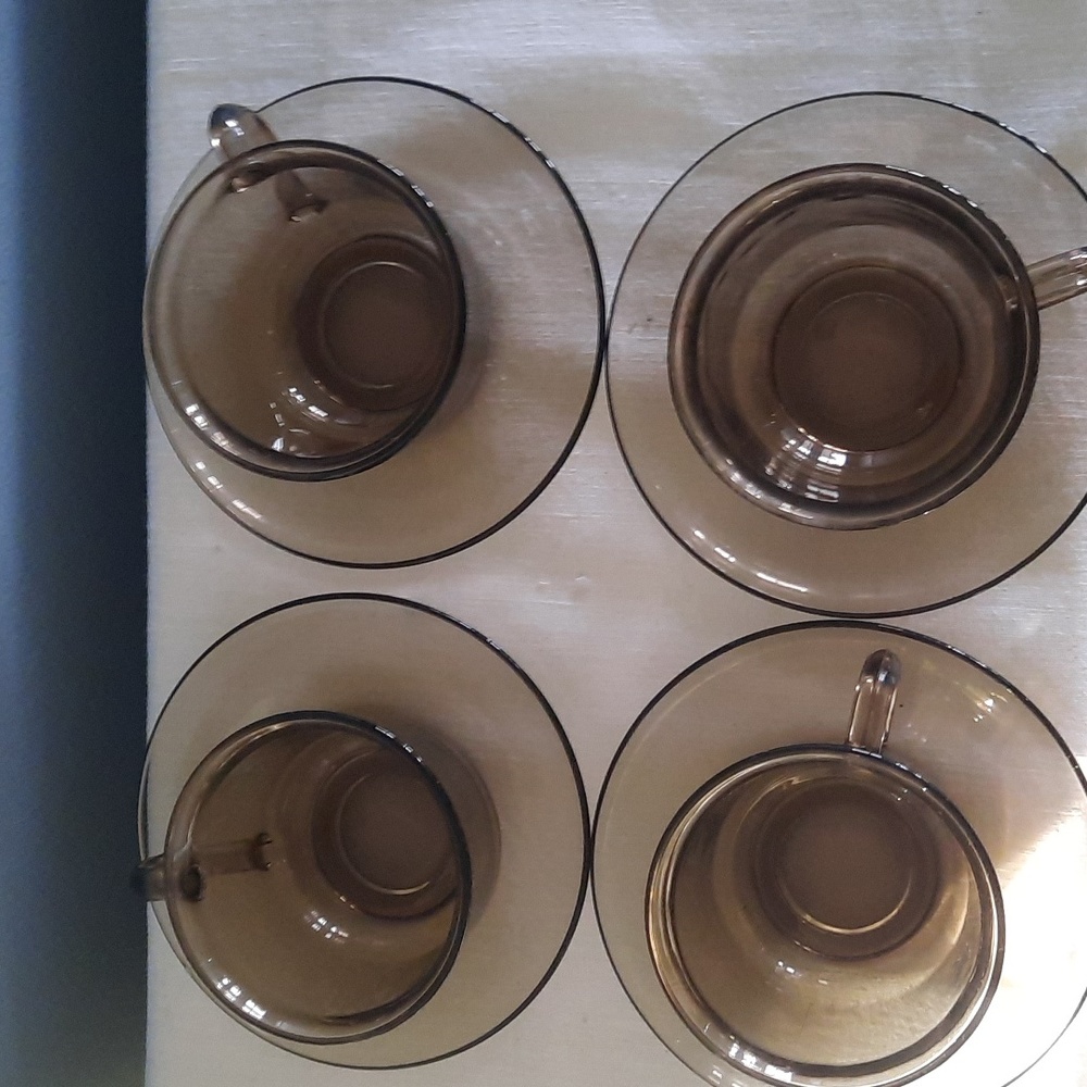 Vintage Arcoroc Smokey Brown Tea/Coffee French Glass Cups & Saucers set of 4